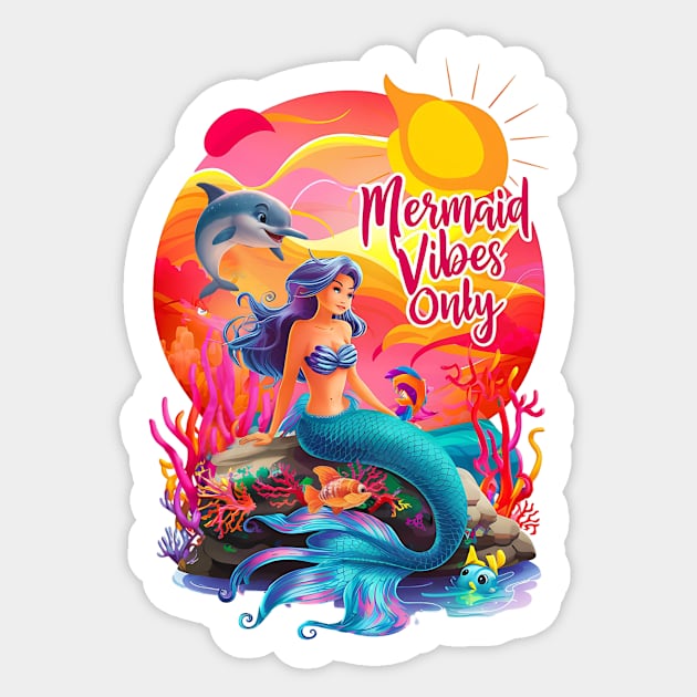 Mermaid Vibes Only Cute Mermaids Sea Life Fantasy Mermaid Dolphin Coral Reef Beach Summertime Summer Vacation Mermaid Sticker by Tees 4 Thee